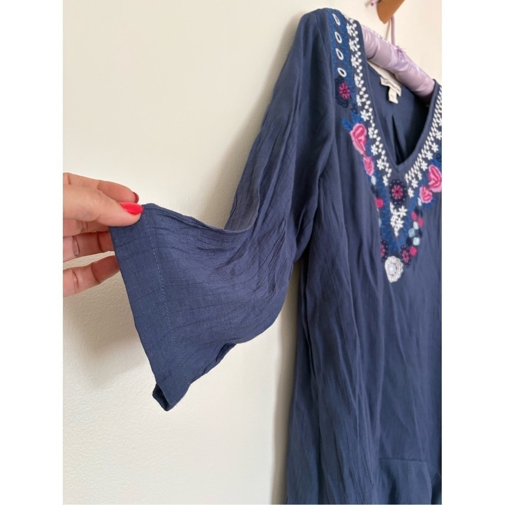 Coldwater Creek XL Embroidered Boho Peasant Tunic Blue Flowy Bell Sleeves